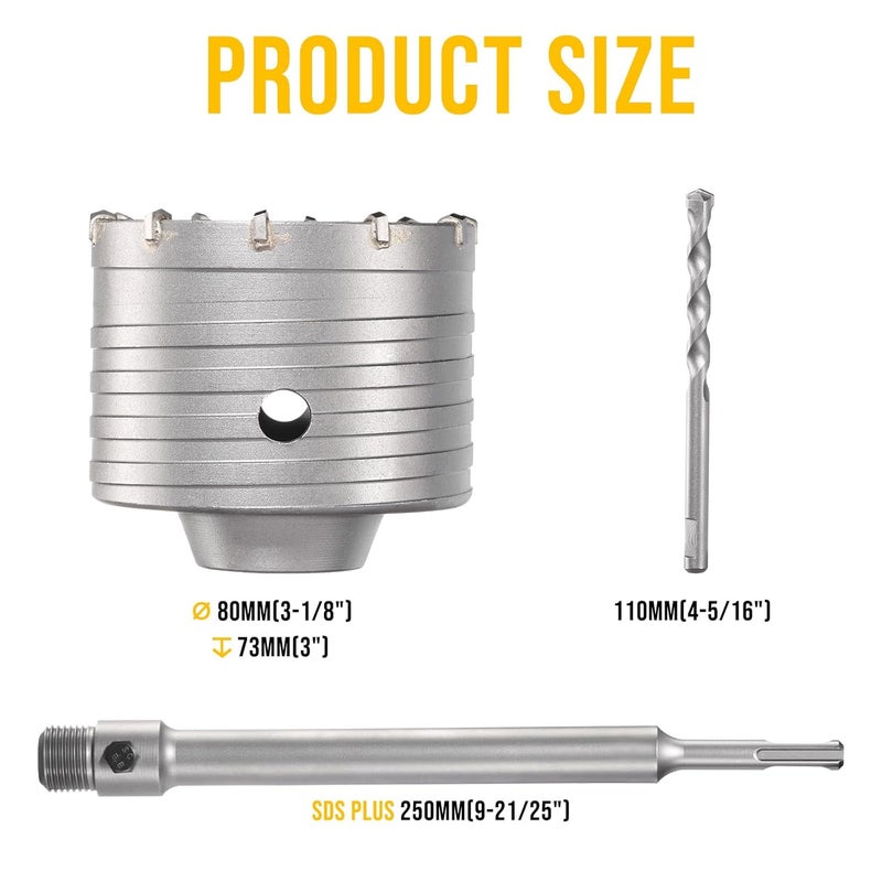 TGFTGF 80mm Concrete Hole Saw Kit, Tungsten Carbide Masonry Hole Saw Kit with 250mm SDS Plus Bit Shank Drill Bit Sets for Concrete, Brick, Stone, Cement, Tile, Wall Drilling - Image 2